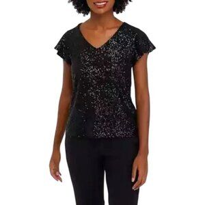 Philosophy Casual Black Sequin V-Neck Short Sleeved Knit Top